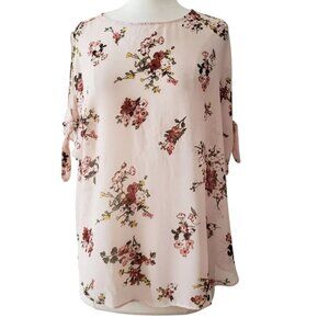 Pink Floral Coquette Blouse Large - Rose Print Chiffon Flowy Garden Style‎ Top